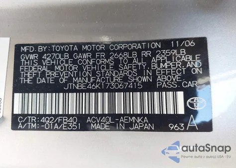 2007 Toyota Camry Ce z USA, uszkodzony, nr VIN JTNBE46K173067415